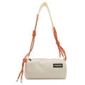 Minimalist beige corduroy cylinder crossbody bag with tricolor rope strap and fashion tag - White