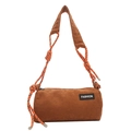 Caramel brown corduroy cylindrical crossbody bag with woven rope strap and zipper - Brown