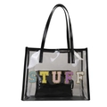 Modische transparente PVC-Handtasche mit bunten STUFF-Buchstaben und Innentasche - Schwarz