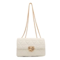 White quilted flap bag with golden chain strap and geometric metal buckle for women - White