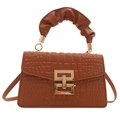 Brown crocodile embossed small square handbag with gold rotating lock and ruched handle - Brown
