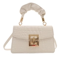 White crocodile pattern PU leather handbag with pleated handle and gold geometric buckle - White