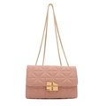 Pink quilted leather crossbody bag with chain strap and chocolate bar lock on white backdrop - Pink