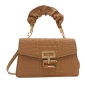 Brown crocodile pattern PU handbag with ruched handle and gold clasp for women - Khaki
