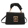Classic black handbag with crocodile pattern, gold metal buckle, and pleated cloud handle - Black