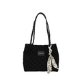 Large black checkered tote bag with woven straps and silk scarf for women's daily commute - Black