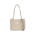 Beige checkerboard knit tote bag with braided straps and decorative vintage silk scarf - Khaki