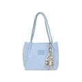 Light blue woven tote bag with checkerboard texture and silk scarf handle detail - Blue