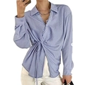 Women's light blue long sleeve button-down shirt with adjustable drawstring waist tie - S / Gray