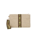 Böhmische Stroh-Clutch mit bunten Blumenstickereien und praktischer Handschlaufe - Grüne Streifen Khaki
