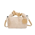 Schicke beige Plüsch-Umhängetasche mit gerafftem Ledergriff und goldener Hardware - Khaki