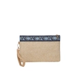 Stroh-Clutch mit ethnischem Blumenband und abnehmbarer Handschlaufe in Braun - Blaue Streifen Khaki