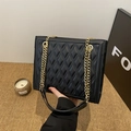 Classic black shoulder bag with gold chain strap and diamond quilted pattern - Black