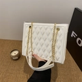 White quilted tote bag with golden chain strap and luxury diamond stitching for women - White