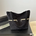 Black corduroy tote bag with double front zippers and beige zipper tape detailing - Black