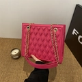 Fashionable bright rose red quilted shoulder bag with golden chain strap for women - Rose Red