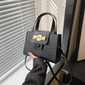 Black crocodile texture handbag with gold wavy buckle and detachable shoulder strap - Black