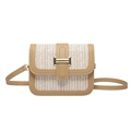 Trendy woven flap crossbody bag with beige herringbone pattern and tan leather trim - Khaki