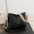 Black pebbled leather underarm bag with ethnic geometric strap and white stitching - Black