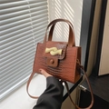 Brown crocodile embossed stone pattern Kelly bag with gold buckle and top handle strap - Dark Brown