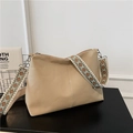 Beige pebbled leather underarm bag with ethnic geometric pattern wide shoulder strap - Khaki
