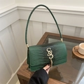 Dark green faux crocodile skin shoulder bag with gold SS logo and elegant metal tassels - Green