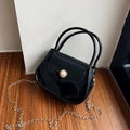 Glossy black jelly handbag with pearl accent, gold chain strap and top handles - Black