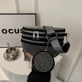 Fashionable black crossbody bag with silver rhinestones and wide chevron strap - Silver