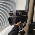 Chic black rivet saddle bag with rhinestones and geometric canvas strap for women - Black