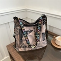 Retro newspaper print tote bag with colorful LOVE letter wide shoulder strap - Khaki