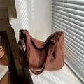 Brown corduroy tote bag with mini round coin purse and adjustable strap in casual style - Dark Brown