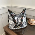 White graffiti tote bag with black letter print and LOVE decorative shoulder strap - White