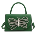 Borsa a tracolla in pelle verde con decorazione a farfalla in strass e manico superiore - Verde