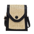 Gevlochten strooien crossbodytas met zwart lederen bies en ronde knoopsluiting - Zwart