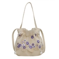 Embroidered canvas bucket bag with 3D floral lace and pearl drawstring closure - Purple