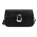 Minimalist black pleated shoulder bag with a stylish silver geometric buckle closure - Black