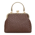 Braune Retro-Muscheltasche mit Webstruktur und goldenem Metallgriff mit Blumen - Braun