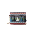 Borsa a tracolla bohémien in tessuto con motivi geometrici e nappe blu eleganti - Motivo a Onde Geometriche Arcobaleno (Stile 1) / Nappine Blu E Bianche