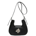 Fashionable black matte saddle bag with silver flower buckle and adjustable strap - Black