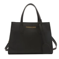 Minimalist black square tote bag in matte faux leather with dual handles and long strap - Black