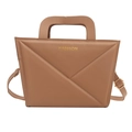Braune PU-Leder Umhängetasche mit geometrischen Nähten und goldenem Logo-Detail - Khaki