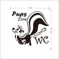 Detail view of cartoon skunk toilet sticker with Pups Zone text and 24x22.5cm size markers - 24cm x 22.5cm / Black