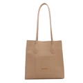 Bolso tote minimalista de cuero PU beige con bolsillo frontal y letras doradas - Caqui