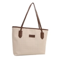 Elegante borsa tote in tela crema con finiture marrone scuro ed etichetta alla moda - Senza ciondolo / Marrone