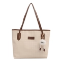Beige canvas tote bag with brown leather trim and a cute plush monster charm - With Ornament / Brown