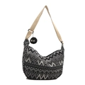 Sac bandoulière ethnique à rayures ondulées avec sangle ajustable et bijou de sac - Noir avec Pendentif