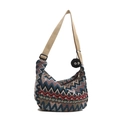Sac bandoulière ethnique en toile avec rayures bleues et pendentif en peluche noire - Bleu Foncé Avec Pendentif