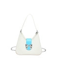 White hobo bag featuring a bright blue strap with a silver metal bow clasp decoration - White Large