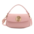 Elegant pale pink leather underarm bag with decorative gold fan-textured metal buckle - Pink