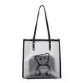 Minimalist transparent PVC tote bag with black trim and cartoon bear design, front view - Black